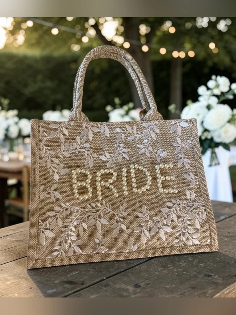 Shiraleah Natural Jute Bride Tote with Pearl Lettering